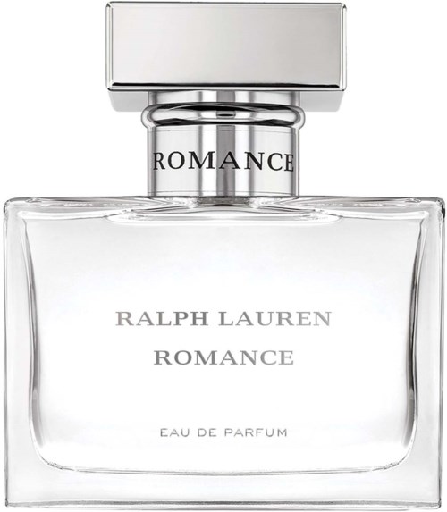 Een heldere parfumfles met een zilverkoppeling, gelabeld 'ROMANCE' en 'RALPH LAUREN ROMANCE,' bevat Eau de Parfum.
