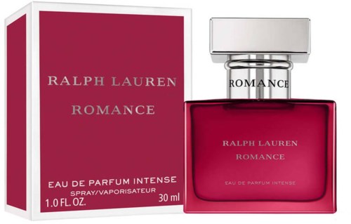 Een rode fles Ralph Lauren Romance parfum met bijpassend roze doosje, label zegt 'Eau de Parfum Intense'.