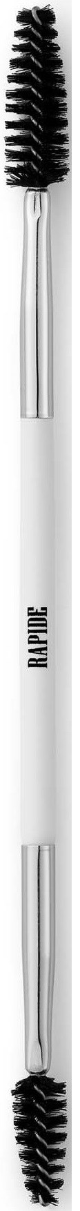 A double-ended cleaning brush with black bristles and a white handle, used for grooming eyebrows or eyelashes.