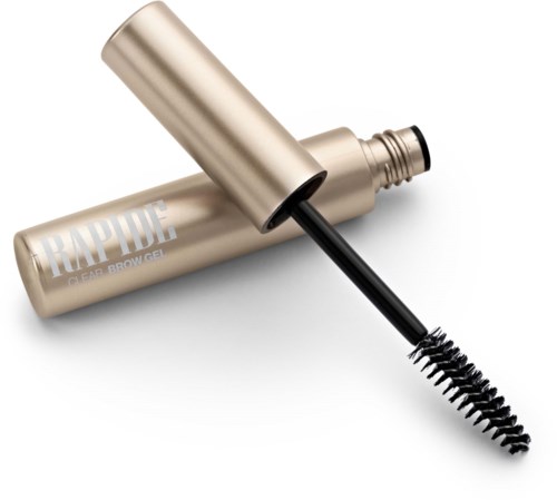 Een goudkleurige tube met een borstelapplicator ernaast, gemerkt RAPID en CLAB BROW GEL.