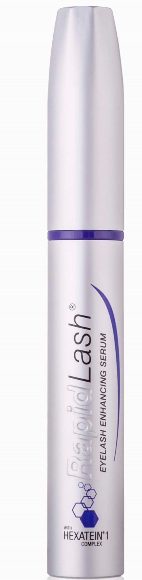 Eine weiße, zylindrische Flasche mit lila Akzenten, beschriftet "Lash" für Wimpernserum, elegantes Design.