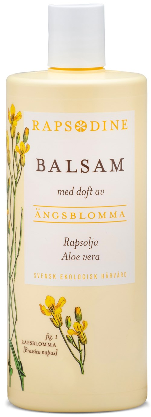 A bottle labeled 'Rapsodine Balsam', with a lily of the valley illustration and text in Swedish for a floral scent.