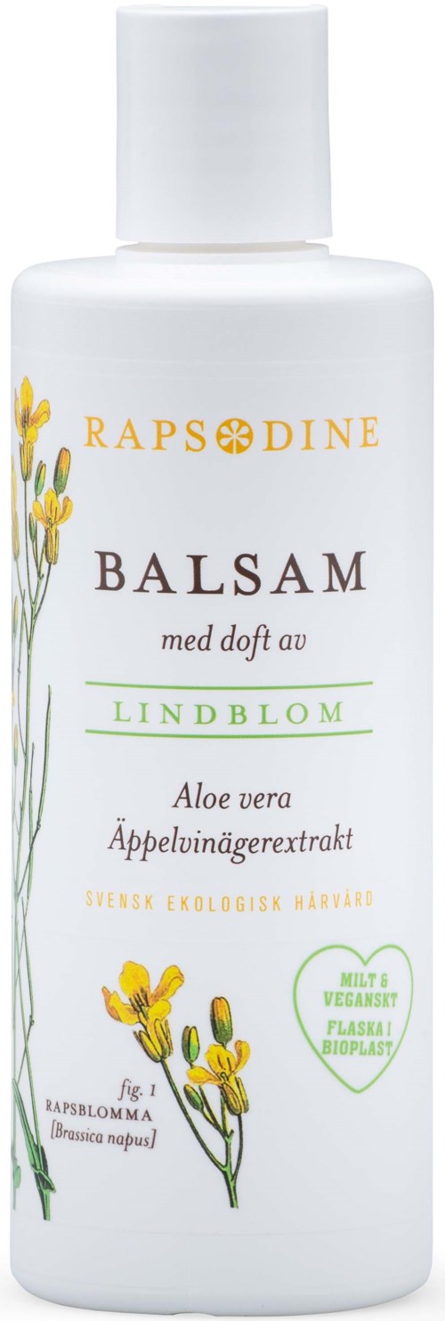 A white bottle with yellow flowers, green leaves, and text about aloe vera and apple extract, labeled as a balm.