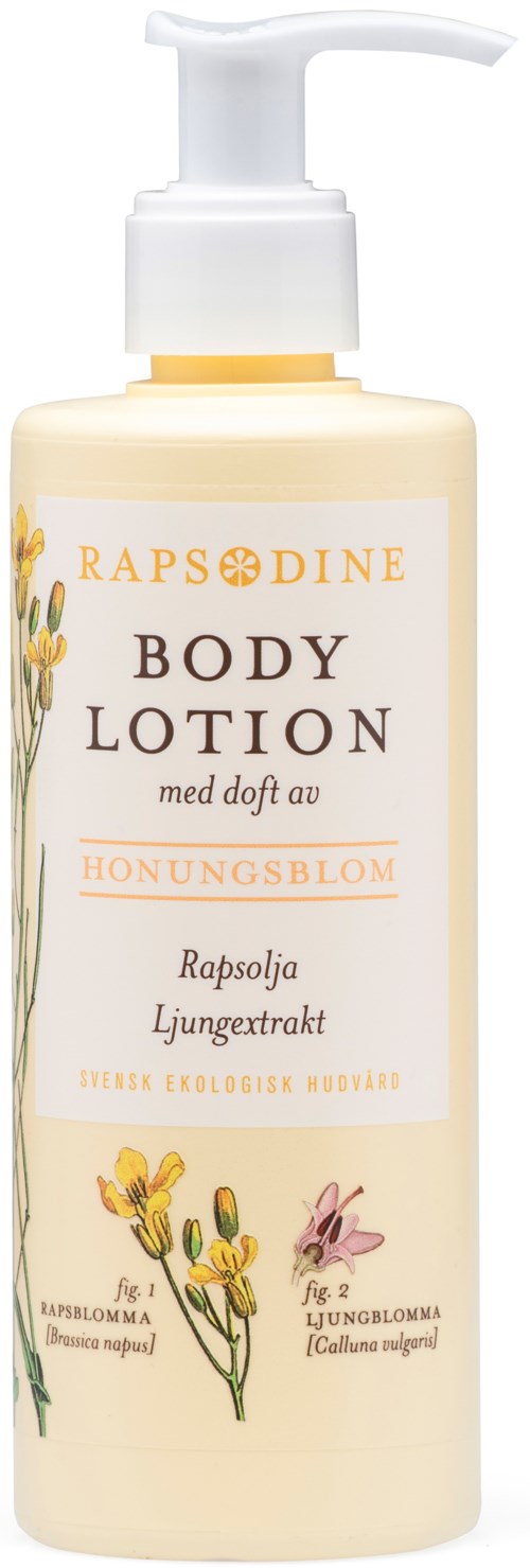 Beige ihoöljetölasi pumpulla, Rapsodine-merkillä, kuvassa kukkakuvia, sisältää hunajaa ja lakka-uutetta.