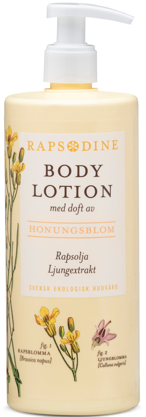 Butelka balsamu do ciała z pompką, z ilustracjami kwiatów i nazwą Rapsodine.