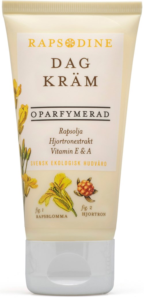 A tube of day cream with natural ingredients like rapeseed, elderberry, and vitamin E & A, labeled in Swedish.