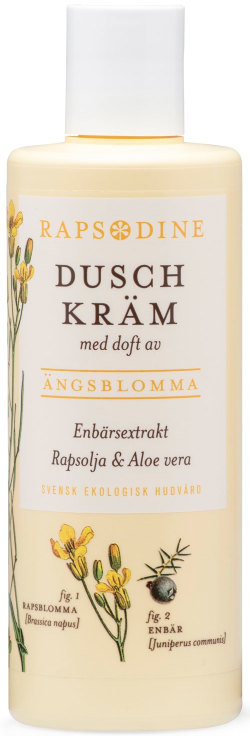 A bottle of shower cream with geranium and aloe vera scent, featuring botanical illustrations and text in Swedish.