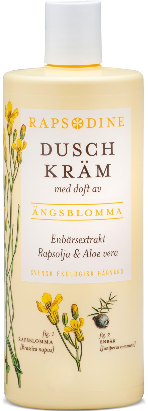 A bottle of shower cream with a yellow floral design, labeled 'RAPSODINE DUSCH KRÄM,' with natural ingredients listed.