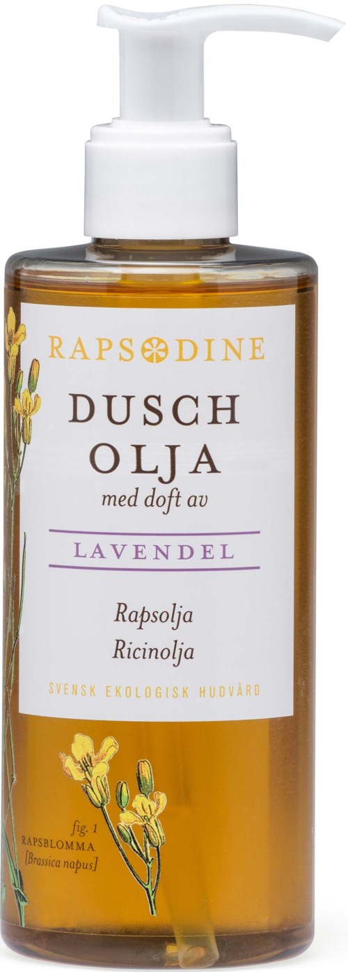 Eine Flasche Duschöl mit Lavendelduft, enthält Raps- und Rizinusöl, mit Pumpkopf.
