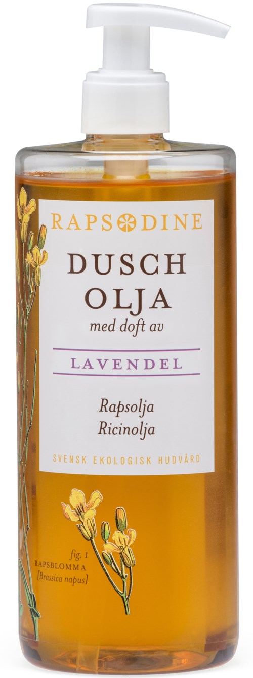 A bottle of lavender-scented shower oil with a pump dispenser, labels in Swedish, with floral illustrations.