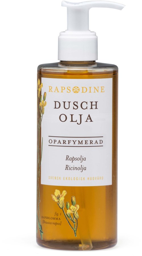 A brown bottle with a pump labeled "DUSCH OLJA" for shower oil, contains herbs like rosemary and ricin seeds.
