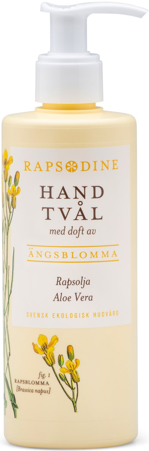A lotion bottle with pump, labeled for hand wash, scented with wildflower, contains rapeseed oil and aloe vera.