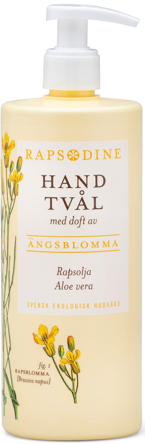 A lotion bottle labeled as hand soap with aloe vera and yellow flowers illustrations, featuring a pump dispenser.