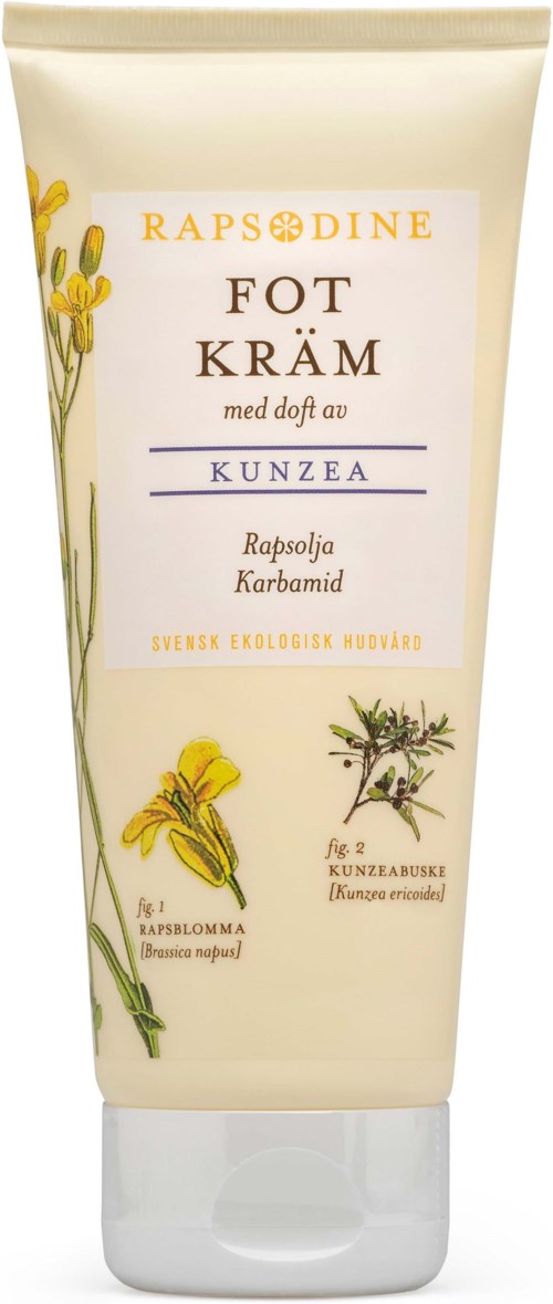 Tuba kremu do stóp z ziołowymi składnikami, w tym żółte kwiaty i zielone liście na opakowaniu.
