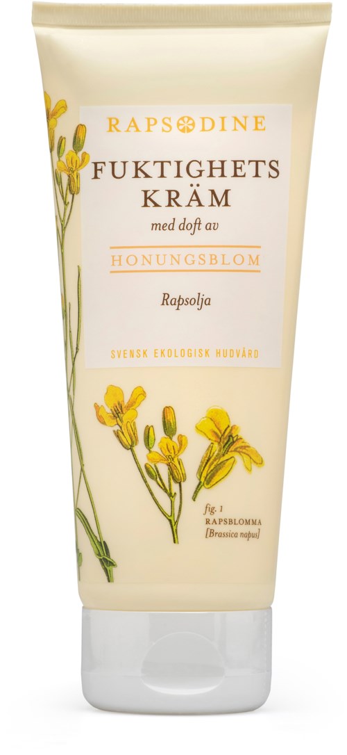 A tube of hand cream with yellow flowers, labeled in Norwegian, offers moisture with honey scent.