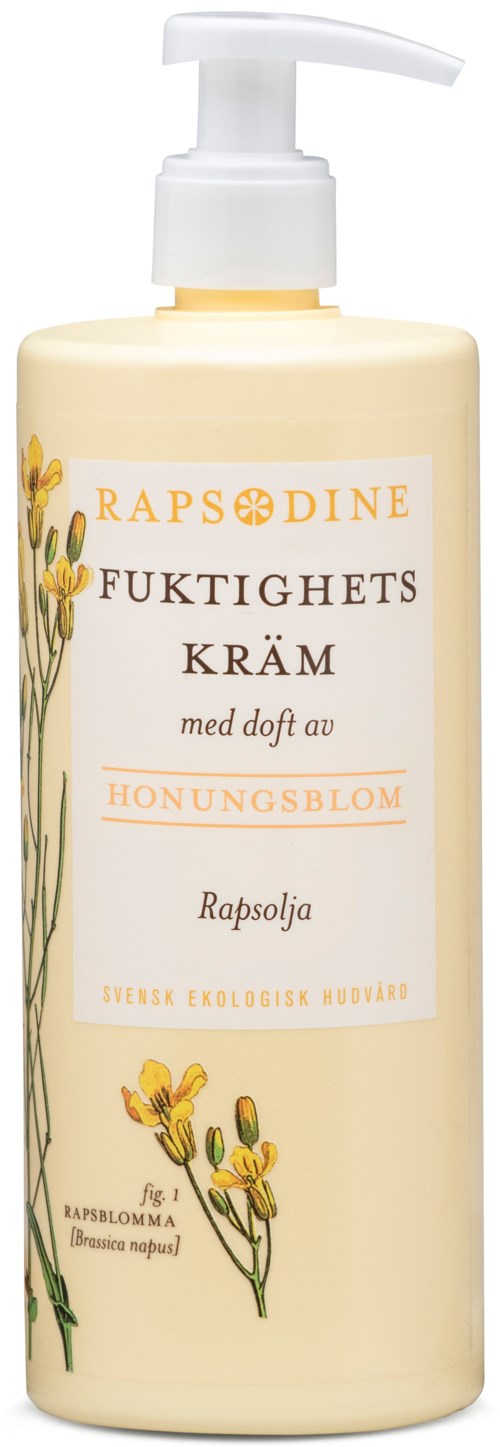 A bottle of hand cream with a pump, labeled as chamomile scented, with illustrations of chamomile flowers.