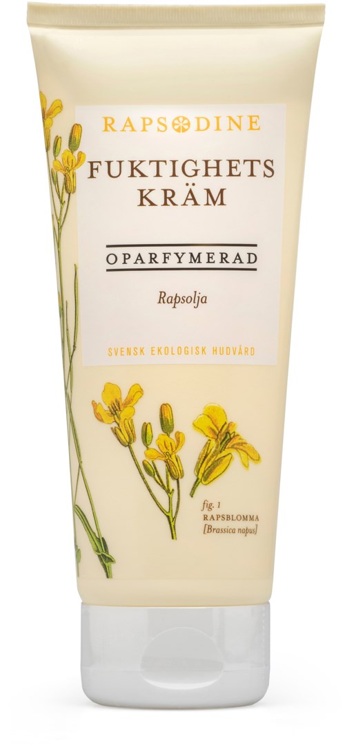 A white tube with yellow flowers and text about a moisturizing cream with rapeseed oil.