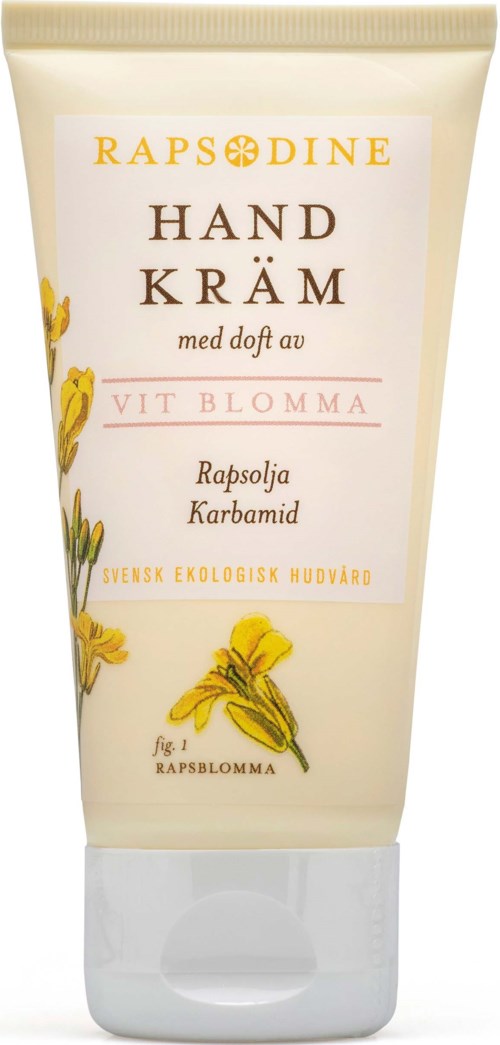 A white tube of hand cream with yellow flowers, labeled in Swedish, including scent of violet and ingredients like rapeseed oil.