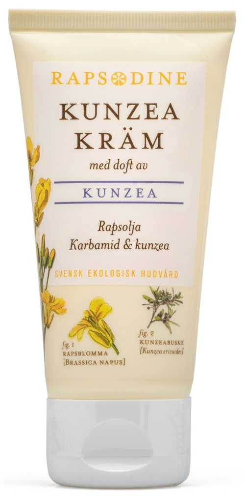 A cream tube labeled "KUNZEA KRÄM" with yellow flowers, an illustration of rapeseed plant, and mentions organic ingredients.