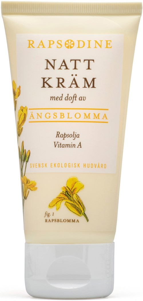 A tube of night cream with rapeseed and sunflower ingredients, highlighting natural oils and vitamin A.