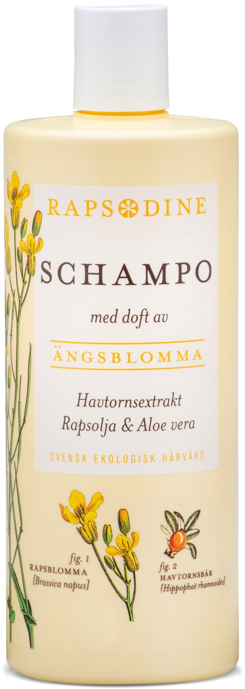 A bottle of shampoo with a white cap, yellow and green flowers, and text about raspberry and aloe scent.