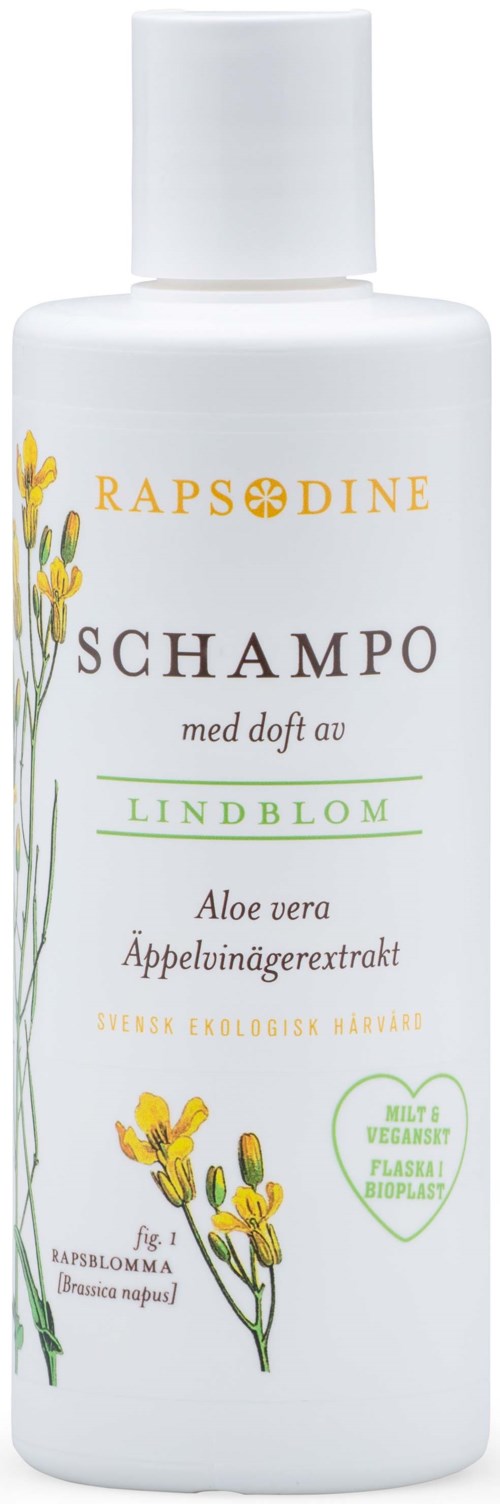 White shampoo bottle with yellow flowers and green text, labeled for aloe vera and apple extract, for scalp cleansing.