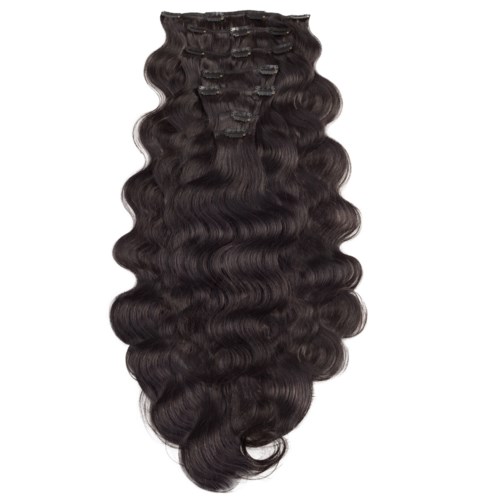 A long, wavy, black hair extension with clips at the top for attachment.