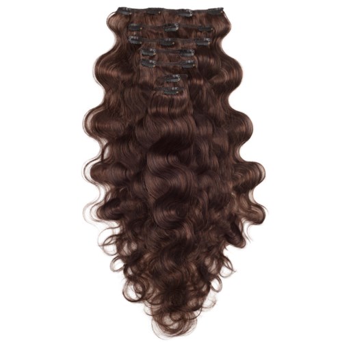 Clip-in haarverlenging in lang, golvend, bruin haar. Bevestigingen zichtbaar bovenaan voor makkelijke clippen.