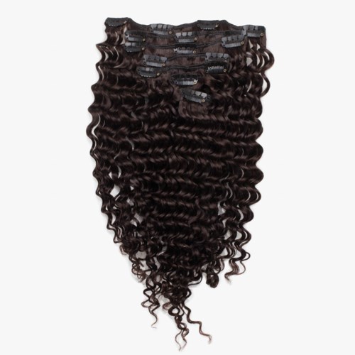 A bundle of dark, curly hair extensions with clips, designed to attach to natural hair.