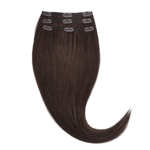 Een clip-in haarverlenging met recht, bruin haar en vier clips aan de bovenkant.
