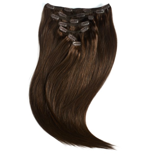 Dunkelbraune Haarverlängerungen mit kleinen Clips zum Befestigen im Haar.
