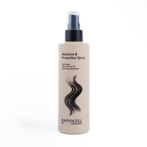 A beige spray bottle labeled 'Moisture & Protection Spray' with black hair graphic, by Rapunzel of Sweden.