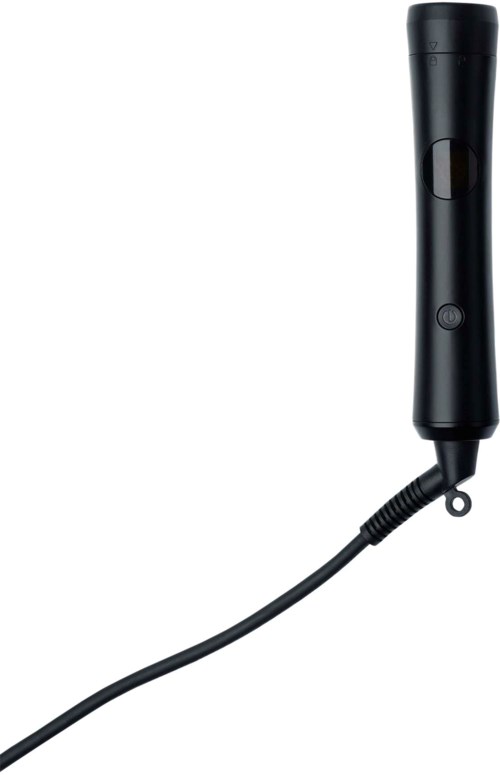 En svart cylindrisk enhet med en knapp i mitten, kopplad till en lång, flexibel kabel.