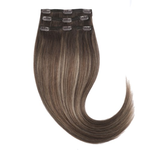Haarverlenging met clips, lang, recht, bruin met highlights, gebogen aan het einde.