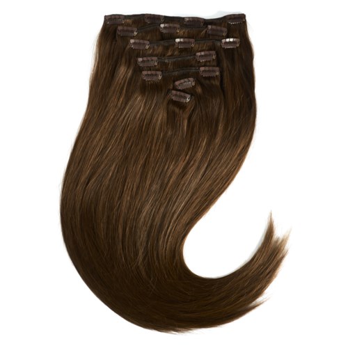 Een bundel bruin hairextensions met clips om vast te maken aan natuurlijk haar.