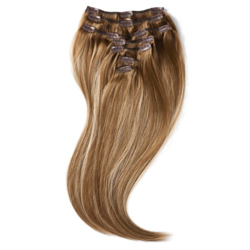 Haarextensie met clips, lichtbruin recht haar en kleine clips bovenaan.