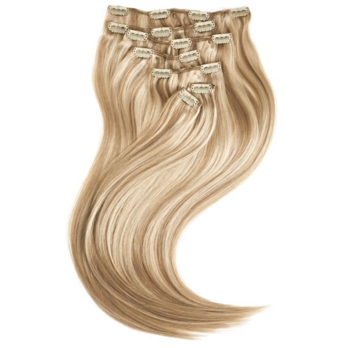 Blonde haar extensions met klemmen liggen in een bundel, recht en glanzend.