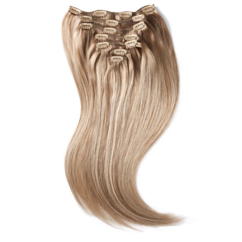 Flera blonda hårförlängningar med clips, arrangerade i en lätt kurvad linje.