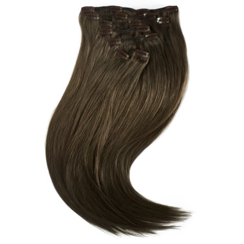 Ett set med bruna hårförlängningar eller clip-in-hårdelar med flera klämmor för att fästa i håret.