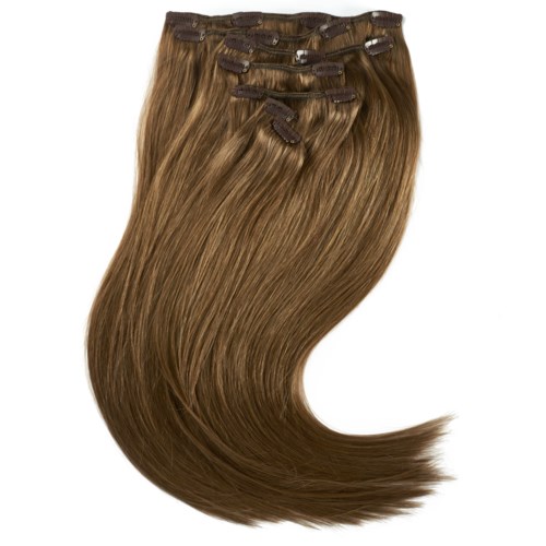 Clip-in hair extensions with brown hair and small clips for attachment.