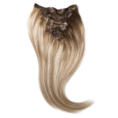 Blonde haarverlengingen met clips, in vloeiende, gebogen stijl.
