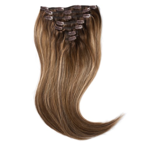 Blonde hair extensions with clips, appear shiny and thick, arranged in a fan shape on a white background.