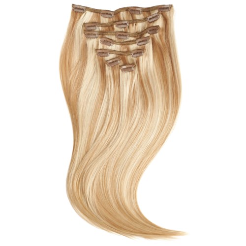 Blonder hårförlängning med clips, flyter smidigt nedåt.