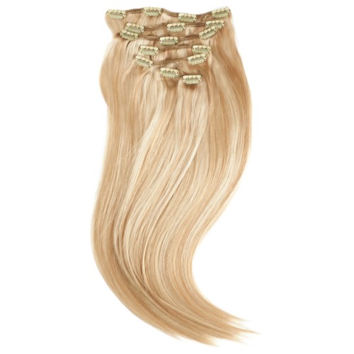 Blond hårförlängningar med klämmor, arrangerade i en kurvad form.