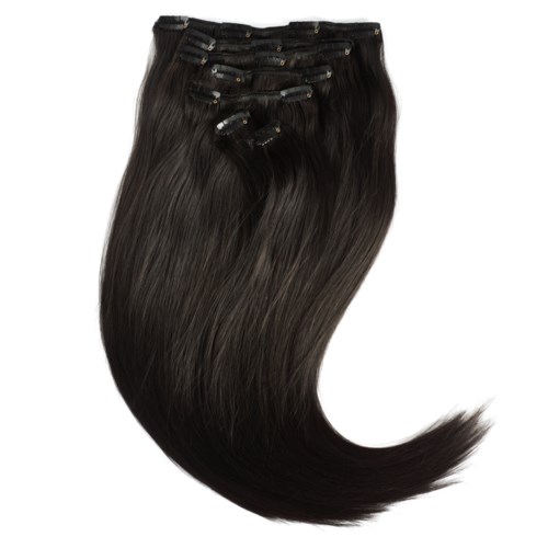 Long, dark hair extensions with clips at the top.