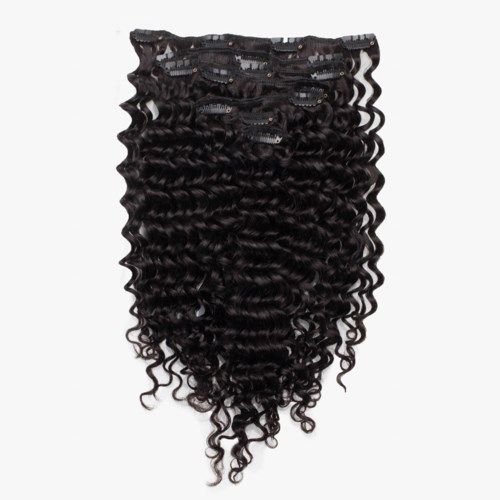 Curly black hair extension with clip-in fasteners, designed to add volume and length.