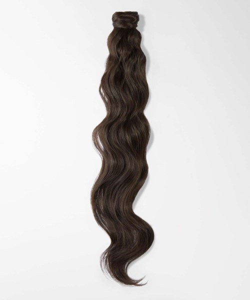 A long, dark wavy hair extension or wig on a plain background.
