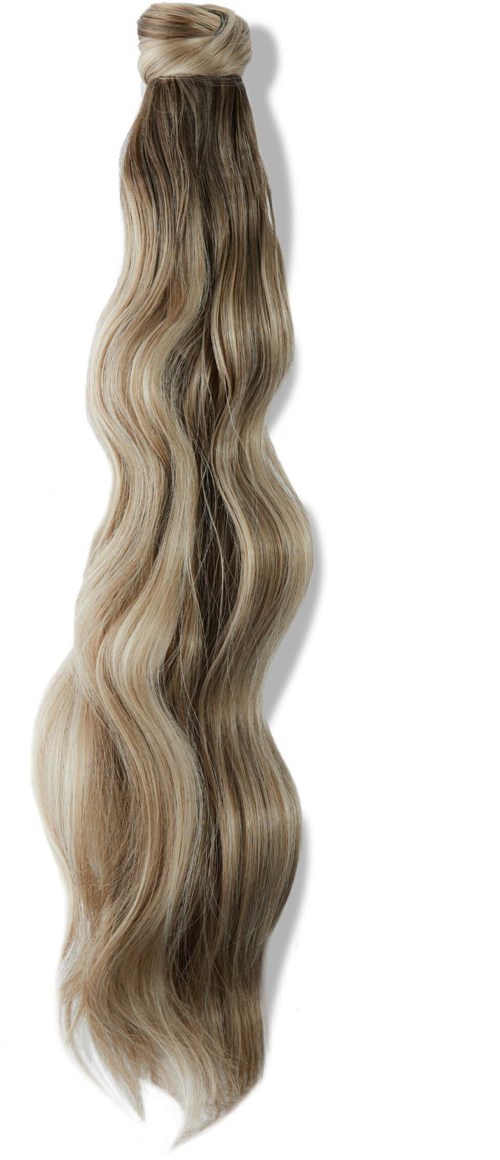 Long, wavy, blonde hair extension with darker roots. It appears natural and shiny.