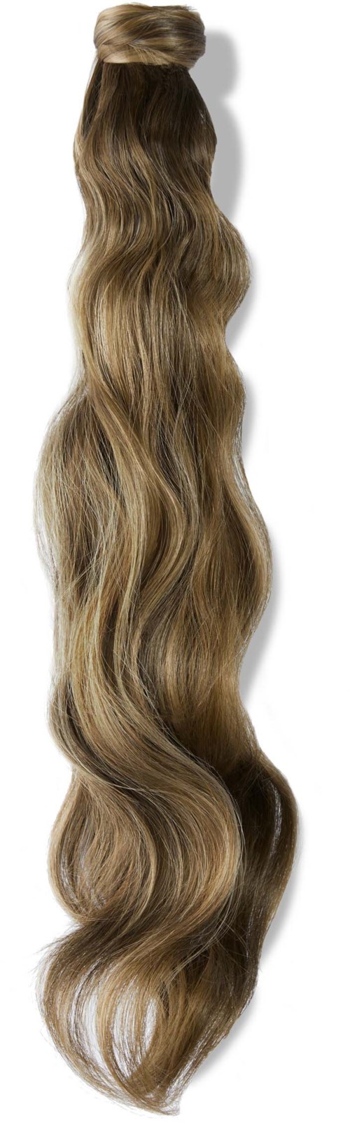 A long, wavy, brown hair extension with a clip at the top.