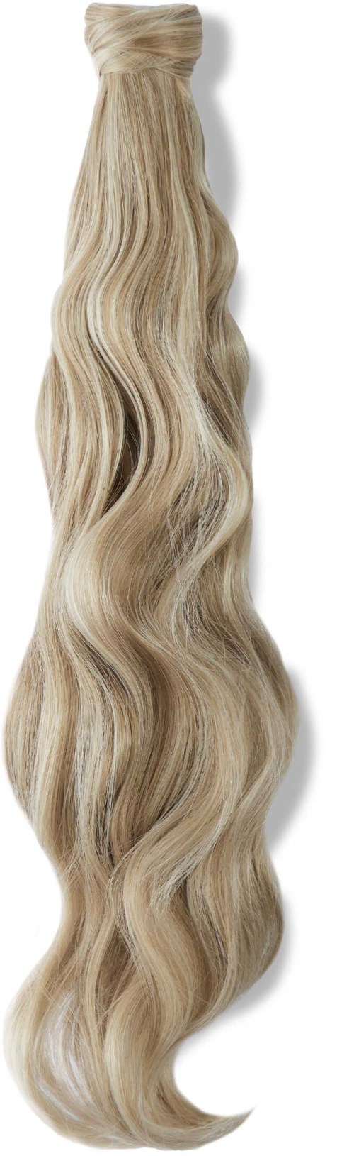 A blonde hair extension with wavy texture. It is long and tied at the top.